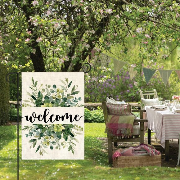 Spring Summer Floral Welcome Garden Flag 12x18 Inch Double Sided Outside, Eucaly - Picture 4 of 7